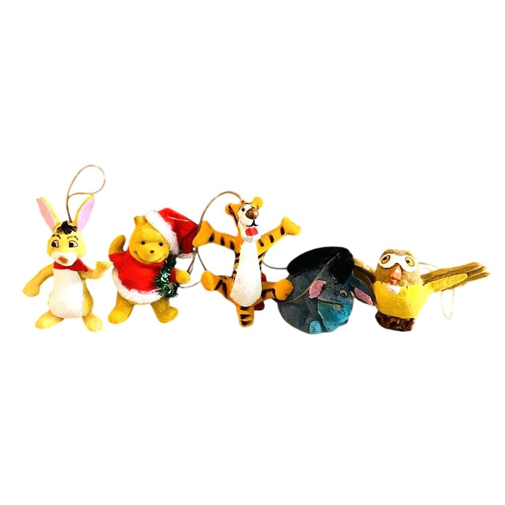 Vintage Flocked Winnie the Pooh Tigger Eeyore Owl Rabbit Christmas Ornaments
